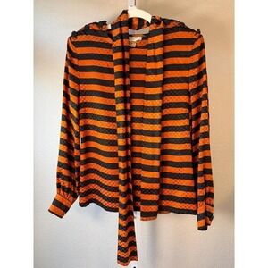 Celine Paris Silk Striped Bow Blouse Button Shoulder Detail Size 46